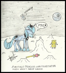 Size: 630x697 | Tagged: safe, artist:rdk, princess luna, g4, a grand day out, crossover, death star, moon, portal (valve), realization, s1 luna, sailor moon (series), space, space core, star wars, traditional art, wallace and gromit