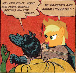 Size: 320x310 | Tagged: safe, applejack, g4, applejack's parents, batman, dc comics, exploitable meme, robin, slap