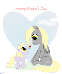 Size: 2157x2550 | Tagged: safe, artist:bunnimation, derpy hooves, dinky hooves, pegasus, pony, unicorn, g4, cute, equestria's best daughter, female, flower, flower in mouth, heart, looking up, mare, mother's day, mouth hold