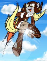 Size: 1275x1650 | Tagged: safe, artist:bunnimation, derpy hooves, pegasus, pony, g4, aviator hat, backlighting, clothes, cloud, cloudy, female, goggles, hat, jetpack, mare, sky, solo, steampunk
