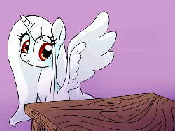 Size: 600x451 | Tagged: safe, artist:celerypony, oc, oc only, oc:celery, alicorn, pony, alicorn oc, alicornified, animated, flapping, scrunchy face, solo, table, wat, wings