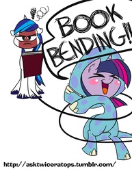 Size: 1280x1656 | Tagged: safe, artist:bunnimation, shining armor, twilight sparkle, triceratops, ask twiceratops, g4, animal costume, ask, avatar the last airbender, bending, book, clothes, costume, dialogue, twiceratops