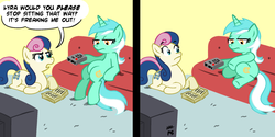 Size: 1890x945 | Tagged: safe, artist:drewdini, artist:megasweet, bon bon, lyra heartstrings, sweetie drops, g4, artifact, comic, couch, dialogue, recolor, sitting, sitting lyra, television