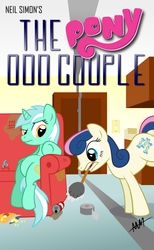 Size: 3033x4912 | Tagged: safe, artist:drewdini, bon bon, lyra heartstrings, sweetie drops, earth pony, pony, unicorn, g4, can, chips, cleaning, couch, duster, female, food, sitting, sitting lyra, tape, the odd couple