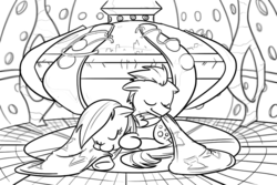 Size: 900x600 | Tagged: safe, artist:butts-mcpoop, derpy hooves, doctor whooves, time turner, earth pony, pegasus, pony, g4, butt pillow, cute, eyes closed, female, grayscale, male, mare, monochrome, ship:doctorderpy, shipping, sleeping, snuggling, stallion, straight, tardis, tardis console room, tardis control room