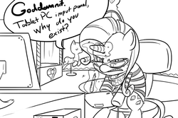 Size: 900x600 | Tagged: safe, artist:butts-mcpoop, rarity, pony, unicorn, g4, angry, clothes, computer, dialogue, drawing, female, glasses, grayscale, hipster, magic, mare, monochrome, sitting, solo, tablet, telekinesis