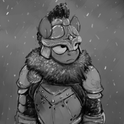 Size: 1500x1500 | Tagged: safe, artist:gordonfreeguy, anthro, armor, black and white, grayscale, male, monochrome, royal guard, snow, snowfall, solo