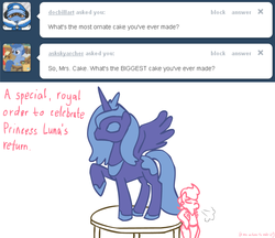 Size: 1276x1100 | Tagged: safe, artist:cythocalypse, cup cake, princess luna, earth pony, pony, ask mrs cake, g4, bipedal, cake, female, s1 luna, solo, tumblr