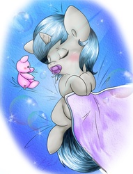 Size: 1868x2440 | Tagged: dead source, safe, artist:tilly-towell, oc, oc only, oc:loulou blues, pony, unicorn, baby, baby pony, blanket, foal, hooves to the chest, magical lesbian spawn, offspring, pacifier, parent:octavia melody, parent:vinyl scratch, parents:scratchtavia, sleeping, solo