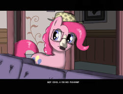 Size: 1008x778 | Tagged: safe, artist:239asd, pinkie pie, g4, fake screencap, female, glasses, groucho mask, gta san andreas, interior, letterboxing, parody, russian, solo, subtitles, sweet's girl
