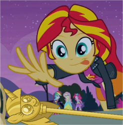 Size: 363x369 | Tagged: safe, fluttershy, pinkie pie, rainbow dash, sunset shimmer, equestria girls, g4, my little pony: friendship is magic, princess twilight sparkle (episode), season 4, exploitable meme, meme, memeception, sunset shimmer reaching for things, twilight scepter