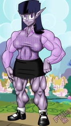 Size: 451x800 | Tagged: safe, artist:femusclelover88, twilight sparkle, human, twilight unbound, g4, female, humanized, muscles, pony coloring, ponyville, solo, sweater vest, twilight muscle, werelight shine