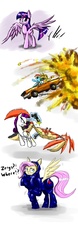 Size: 1000x3200 | Tagged: safe, artist:thedrunkcoyote, applejack, fluttershy, rainbow dash, rarity, twilight sparkle, alicorn, giant crab, pony, g4, car, dialogue, explosion, female, gun, mare, medic, powered exoskeleton, rarity fighting a giant crab, sketch dump, starcraft, twilight sparkle (alicorn)