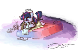 Size: 806x524 | Tagged: safe, artist:strangemoose, twilight sparkle, pony, unicorn, g4, bed, blanket, book, clothes, coffee, female, scarf, signature, simple background, solo, white background