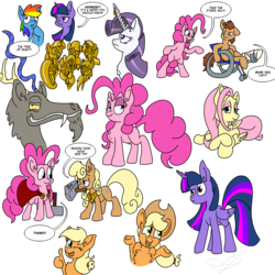 Size: 2000x2000 | Tagged: safe, artist:annacurser, applejack, discord, fluttershy, pinkie pie, rainbow dash, rarity, twilight sparkle, alicorn, pony, g4, female, hammer, horn, horn piercing, mane six, mare, simple background, transparent background, twilight scepter, twilight sparkle (alicorn), wheelchair