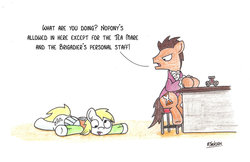 Size: 1024x665 | Tagged: safe, artist:bobthedalek, derpy hooves, doctor whooves, time turner, pegasus, pony, g4, clothes, doctor who, female, jo grant, mare, stool, table, terror of the autons