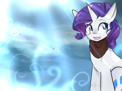 Size: 1193x895 | Tagged: safe, artist:sugarberry, rarity, pony, unicorn, g4, clothes, cutie mark, female, flower petals, petals, scarf, solo