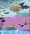 Size: 1280x1440 | Tagged: safe, edit, edited screencap, screencap, discord, princess celestia, princess luna, twilight sparkle, alicorn, pony, g4, hearth's warming eve (episode), princess twilight sparkle (episode), blizzard, building, chaos, comparison, discorded landscape, female, hearth's warming eve, house, hovel, hut, mare, snow, snowfall, twilight sparkle (alicorn), windmill