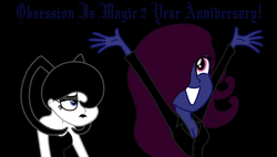 Size: 1024x582 | Tagged: safe, artist:thelordofdust, oc, oc only, oc:maneia, oc:nocturna, equestria girls, g4, anniversary, banner, celebration, obsession is magic, party