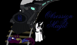 Size: 1024x602 | Tagged: safe, artist:thelordofdust, oc, oc only, oc:maneia, oc:nocturna, banner, fanfic, obsession is magic, peril, story, tied to tracks, tied up, train, train tracks