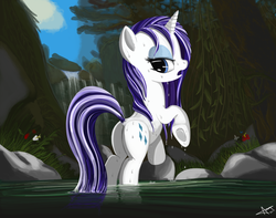Size: 1900x1500 | Tagged: safe, artist:warfost, rarity, butterfly, pony, unicorn, g4, bedroom eyes, butt, dock, female, looking back, mare, open mouth, plot, raised tail, sexy, sinfully sexy, solo, tail, tree, underhoof, water, waterfall, wet, wet mane, wet mane rarity