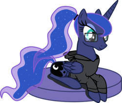 Size: 8810x7474 | Tagged: safe, artist:algonquinmaniac, princess luna, alicorn, pony, g4, absurd resolution, alternate hairstyle, clothes, female, glasses, high ponytail, hoodie, long hair, mare, ponytail, prone, simple background, smiling, solo, transparent background, vector
