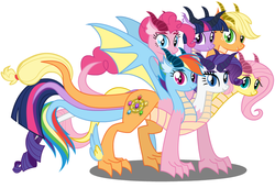 Size: 1024x700 | Tagged: artist needed, safe, applejack, fluttershy, pinkie pie, rainbow dash, rarity, twilight sparkle, hydra, hydra pony, ask hydra mane 6, g4, appleflaritwidashpie, elements of harmony, fusion, hilarious in hindsight, hydrafied, looking at you, mane six, mane six hydra, multiple heads, simple background, six heads, species swap, this isn't even my final form, tiamat, vector, we have become one, what has science done, white background, you need me