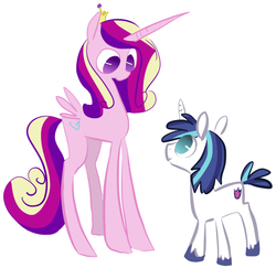 Size: 787x766 | Tagged: safe, artist:elslowmo, artist:php27, princess cadance, shining armor, g4, eye contact, frown, husbandhorse, looking up, size difference, wifehorse