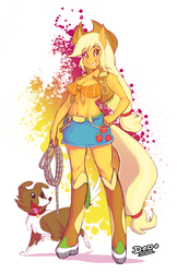 Size: 564x872 | Tagged: safe, artist:lionalliance, applejack, winona, anthro, g4, belly button, boots, clothes, cowboy vest, front knot midriff, midriff, rope, skirt