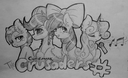 Size: 3137x1921 | Tagged: safe, artist:themoonraven, apple bloom, babs seed, scootaloo, sweetie belle, g4, cutie mark crusaders, monochrome, traditional art