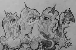 Size: 3210x2113 | Tagged: safe, artist:themoonraven, princess cadance, princess celestia, princess luna, twilight sparkle, alicorn, pony, g4, alicorn tetrarchy, female, mare, monochrome, traditional art, twilight sparkle (alicorn)