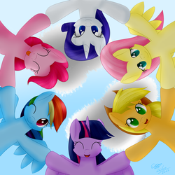 Size: 3000x3000 | Tagged: safe, artist:extreme_sonic, applejack, fluttershy, pinkie pie, rainbow dash, rarity, twilight sparkle, alicorn, pony, g4, female, mane six, mare, twilight sparkle (alicorn), wink