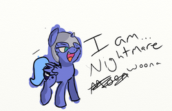 Size: 710x461 | Tagged: safe, artist:pyro muffinz, nightmare moon, princess luna, g4, cute, female, filly, helmet, nightmare luna, nightmare woon, open mouth, smiling, solo, woona, younger