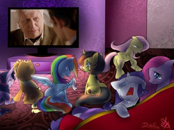 Size: 667x500 | Tagged: safe, applejack, fluttershy, pinkie pie, rainbow dash, rarity, twilight sparkle, oc, oc:pauly sentry, g4, curator, day of the doctor, eleventh doctor, exploitable meme, fourth doctor, mane six, matt smith, meme, sad movie meme, tom baker