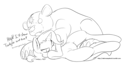 Size: 1280x672 | Tagged: safe, artist:messysketch, trixie, pony, unicorn, ursa minor, g4, black and white, cute, dialogue, female, grayscale, lineart, mare, monochrome, plushie, simple background, solo, teddy bear, ursa plush, white background