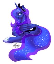 Size: 1345x1600 | Tagged: safe, artist:f-r95, princess luna, alicorn, pony, g4, butt, ethereal mane, female, galaxy mane, looking back, mare, moonbutt, on side, plot, simple background, solo, transparent background