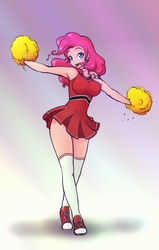 Size: 653x1024 | Tagged: safe, artist:scorpdk, pinkie pie, human, g4, armpits, breasts, busty pinkie pie, cheerleader, cheerleader pinkie, clothes, converse, cute, diapinkes, dress, female, humanized, light skin, looking at you, music notes, open mouth, pom pom, shoes, short dress, smiling, smiling at you, sneakers, socks, solo, thigh highs, whistle