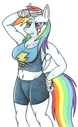 Size: 628x1024 | Tagged: safe, artist:jameythehedgehog, rainbow dash, anthro, g4, belly button, breasts, busty rainbow dash, clothes, compression shorts, female, makeup, salute, solo