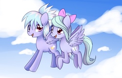 Size: 2040x1300 | Tagged: safe, artist:solar-slash, cloudchaser, flitter, pegasus, pony, g4, bow, duo, duo female, female, flying