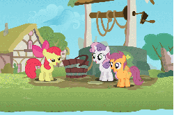 Size: 900x599 | Tagged: safe, artist:minishcaplink, apple bloom, applejack, derpy hooves, scootaloo, sweetie belle, pegasus, pony, g4, animated, bucket, cutie mark crusaders, female, mare, muffin, well