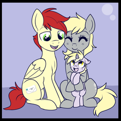 Size: 500x500 | Tagged: safe, artist:lulubell, care package, derpy hooves, dinky hooves, special delivery, pegasus, pony, g4, equestria's best mother, family, family photo, female, male, mare, shipping, stallion, straight