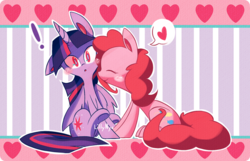 Size: 900x578 | Tagged: safe, artist:lillynya, pinkie pie, twilight sparkle, alicorn, earth pony, pony, g4, blush sticker, blushing, duo, emoticon, exclamation point, eyes closed, female, heart, lesbian, mare, ship:twinkie, shipping, surprised, twilight sparkle (alicorn)