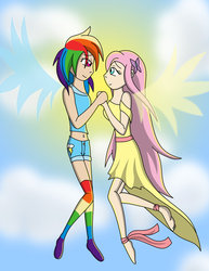 Size: 784x1018 | Tagged: safe, artist:crystalrobot, fluttershy, rainbow dash, human, g4, belly button, clothes, dress, duo, female, humanized, lesbian, light skin, midriff, ship:flutterdash, shipping