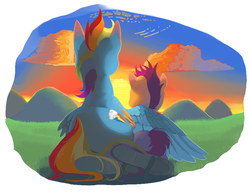 Size: 859x660 | Tagged: safe, artist:idrawweeklypony, rainbow dash, scootaloo, g4, backlighting, cloud, cloudy, hug, scootalove, sunset, winghug