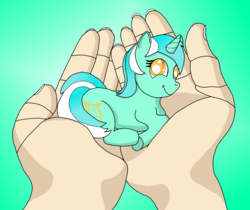 Size: 2557x2148 | Tagged: safe, artist:heartshielder1991, lyra heartstrings, human, pony, unicorn, g4, colored pupils, green background, hand, holding a pony, in goliath's palm, micro, simple background, smiling, solo focus