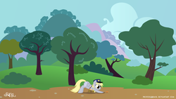 Size: 1972x1109 | Tagged: safe, artist:professorbasil, derpy hooves, insect, pegasus, pony, g4, bag, female, hat, mailbag, mailmare, mailpony, mare, solo, tree