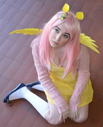 Size: 783x960 | Tagged: safe, artist:lochlan o'neil, fluttershy, human, g4, clothes, cosplay, irl, irl human, photo, socks, solo, sweater, sweatershy