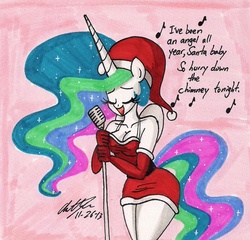 Size: 1211x1162 | Tagged: safe, artist:newyorkx3, princess celestia, anthro, g4, christmas, cleavage, clothes, evening gloves, female, hat, santa costume, santa hat, singing, solo, traditional art