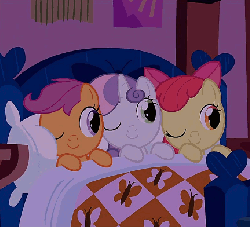 Size: 432x392 | Tagged: dead source, safe, screencap, apple bloom, scootaloo, sweetie belle, earth pony, pegasus, pony, unicorn, g4, stare master, animated, apple bloom's bow, bed, blanket, blinking, bow, cropped, cutie mark crusaders, eyes closed, female, filly, foal, gif, hair bow, pillow, smiling