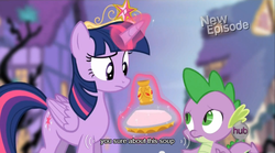 Size: 640x355 | Tagged: safe, screencap, spike, twilight sparkle, alicorn, pony, g4, princess twilight sparkle (episode), big crown thingy, female, flashback potion, food, mare, meme, mlp-captions, not milk, soup, twilight sparkle (alicorn), youtube caption